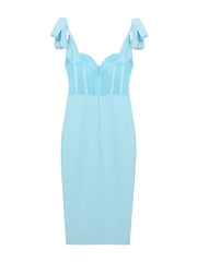 Sky Blue Skinny Mini Dress Mesh Bow Ladies High Split Drape Sexy Sleeveless Dress