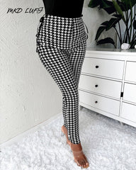 MKDLUFI Houndstooth Print High Waist Eyelet Lace-up Skinny Pants