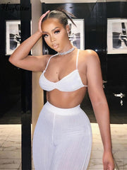 Hugcitar Stripe Ribbed Women 2 Piece Set Lace Up Ruched Camis Crop Top Bell Flare Pants Suit Matching Outfits Sportswear Club