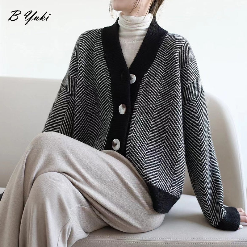 Violette Oversized Striped V-Neck Knit Cardigan One-piece