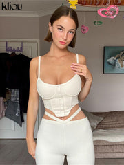 Kliou Knitted Elegant Two Piece Set Women Autumn Classic Button Camisole+Flare Pants Matching Outfit Lady Minimalist Clothing