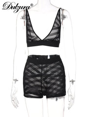 Dulzura 2022 Summer Women Mesh Patchwork 2 Pieces V Neck Crop Top Biker Shorts Set See Through Sheer Tracksuit Outfit Festival