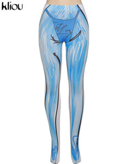 Kliou Gradient Print Foot Pants Women Fashion Medium Waist Body-Shaping Aesthetic Color Match Legging Streetwear Female Trousers