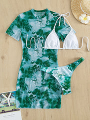 Slit Cuff Plunge Neck Three Pieces Bikini Set with Cover Up Plain Swimsuit