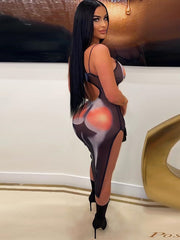 Cnyishe Printed Sexy Dress Women Fashion Split Sleeveless Camisole Slim Sheath Bodycon Skinny Long Dress Vestidos Robes Female