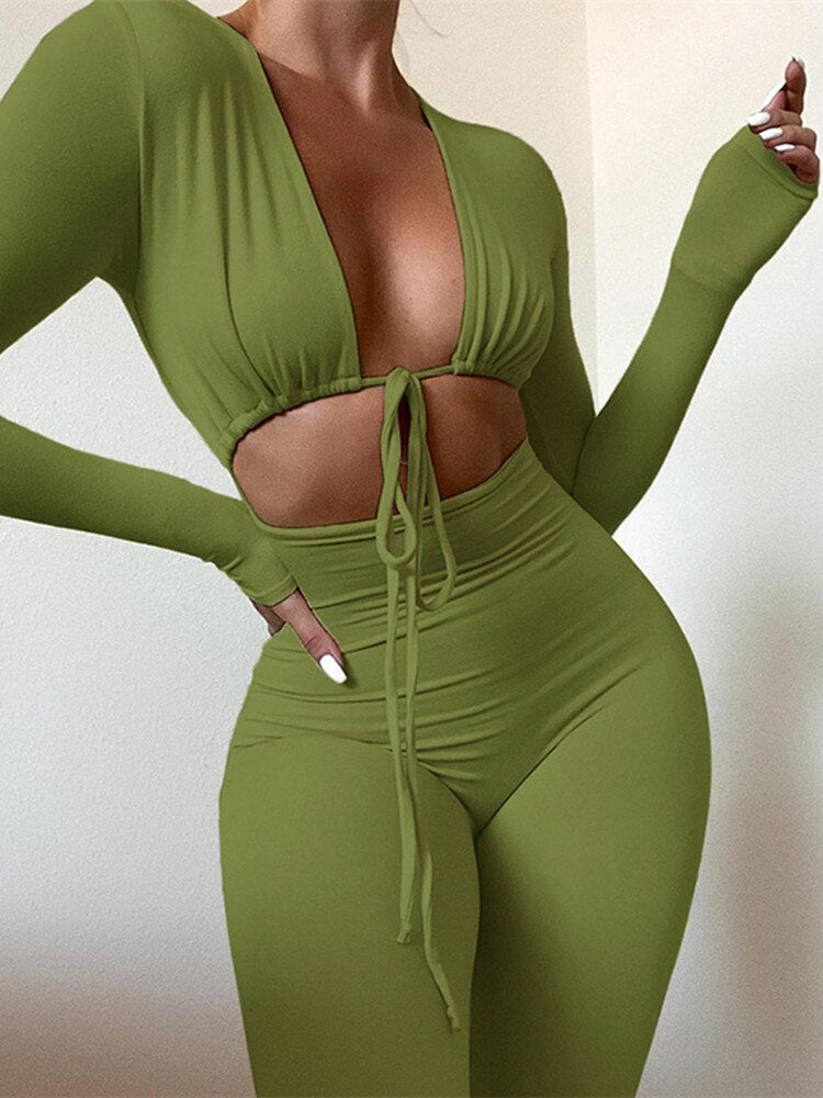 Kliou Solid Jumpsuit Drawstring Cleavage Waist Out One Piece Overall Sexy  Body-Shaping Hipster Midnight Club Female Clothing