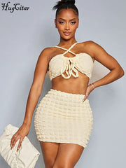 Hugcitar Solid Halter Draped Bandage Crop Top Skirts 2 Pieces Set 2022 Summer Women Fashion Elegant Slim Outfits Holiday Party