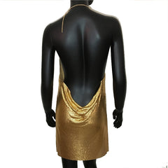 Backless Sequin Short Dress Metalic Split Mesh Low Cut Mini Dress