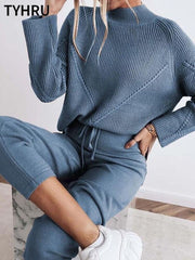 TYHRU Autumn Winter Women Sweater Tracksuit Leisure Hemp Flower Half-High Collar Pullover+Knitted Trousers Suits 2-piece Set