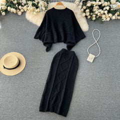 Elegant Slim Two Piece Sets Sweater Dress High Waist Knitted Ensemble Long Dress