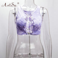 ArtSu Red Black White Metal Chain Sleeveless Crop Top Sexy Clubwear Women Adjustable Lace Up Hollow Out Tank Tops Tees Camisole