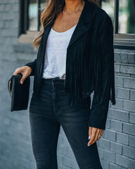 Women Y2k Fringed Hem Tassel Cardigan Crop Tops E-girl Motor Biker Jacket Suede Leather Jacket 90s Vintage Streetwear Coat Cool