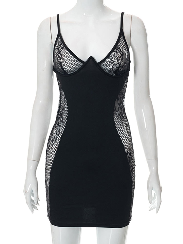 Sexy Spaghetti Strap Lace Patchwork Mini Dress Women Backless See Through Black Gothic Robe 2022 Summer Harajuku Grunge Clothes