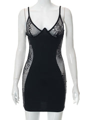 Sexy Spaghetti Strap Lace Patchwork Mini Dress Women Backless See Through Black Gothic Robe 2022 Summer Harajuku Grunge Clothes