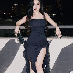 Cryptographic Fringe Sexy Strapless Backless Midi Dress for Women Club Party Frill Hem Sleeveless Slit Dresses Solid Clothes