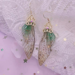 Handmade Butterfly Wing Drop Earrings with Foil Rhinestones