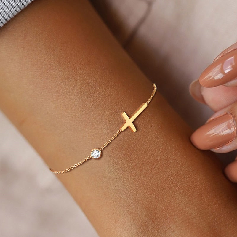 Simple Single Chain Cross Charm with Shiny CZ Bracelet