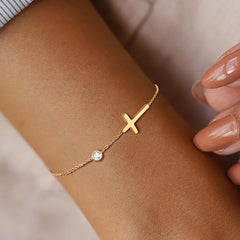 Simple Single Chain Cross Charm with Shiny CZ Bracelet
