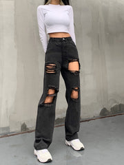 HEYounGIRL Hole Ripped Black Woman Distressed Jeans Casual Hip Hop High Waist Pants Capris Pocket Straight Denim Trousers Ladies