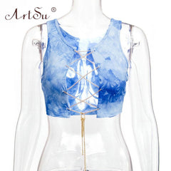 ArtSu Red Black White Metal Chain Sleeveless Crop Top Sexy Clubwear Women Adjustable Lace Up Hollow Out Tank Tops Tees Camisole