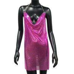 Backless Sequin Short Dress Metalic Split Mesh Low Cut Mini Dress