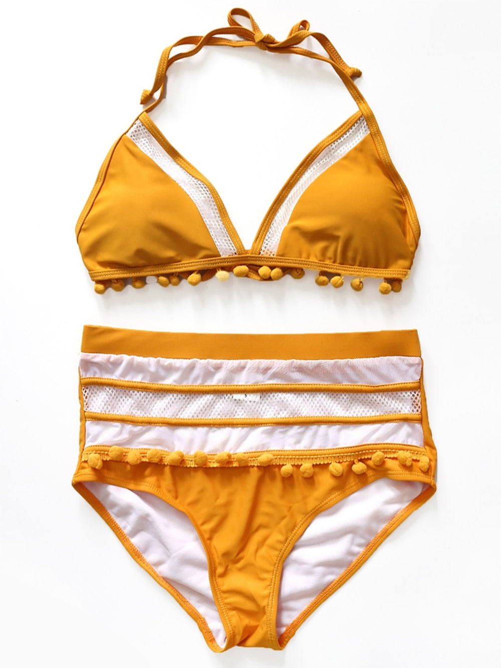 2022 Sexy Halter Retro Mesh Hollow Out String Biquini Bath Suit Swimsuit High Waist Pompones Pom Swimwear Women Triangle Bikini