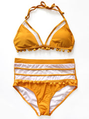 2022 Sexy Halter Retro Mesh Hollow Out String Biquini Bath Suit Swimsuit High Waist Pompones Pom Swimwear Women Triangle Bikini