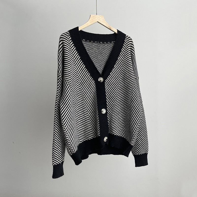 Violette Oversized Striped V-Neck Knit Cardigan One-piece