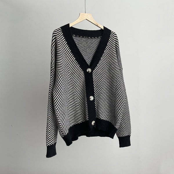 Violette Oversized Striped V-Neck Knit Cardigan One-piece