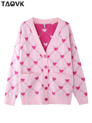 TYHRU Women’s Knitted Cardigans Female V-neck Heart Pattern Sweaters Loose Casual Pockets Knitwear Kawaii Jumpers Top Sale