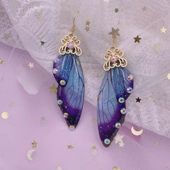 Handmade Butterfly Wing Drop Earrings with Foil Rhinestones