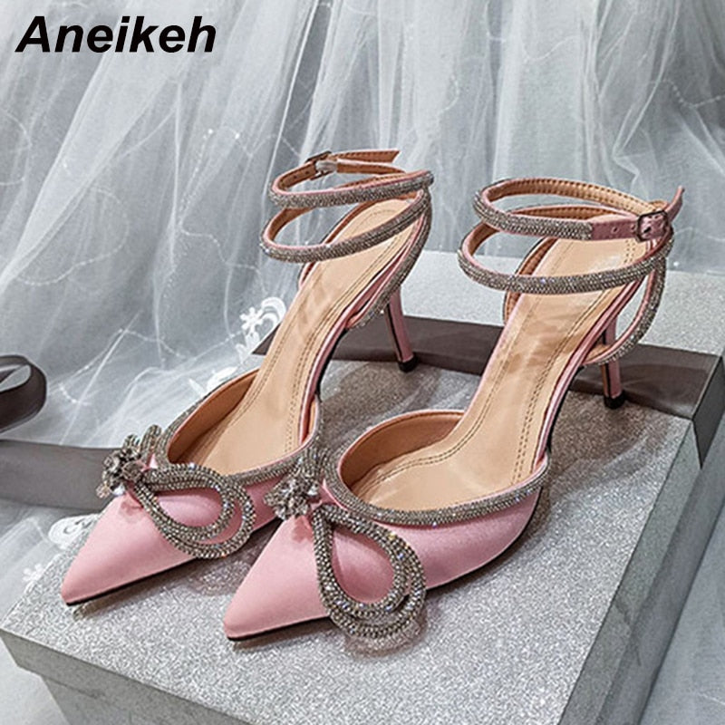 Aneikeh Spring/Autumn 2022 Women&#39;s Shoes Fashion Butterfly-Knot Narrow Band Bling Patchwork Cross-Tied Crystal Pointed Toe Pumps