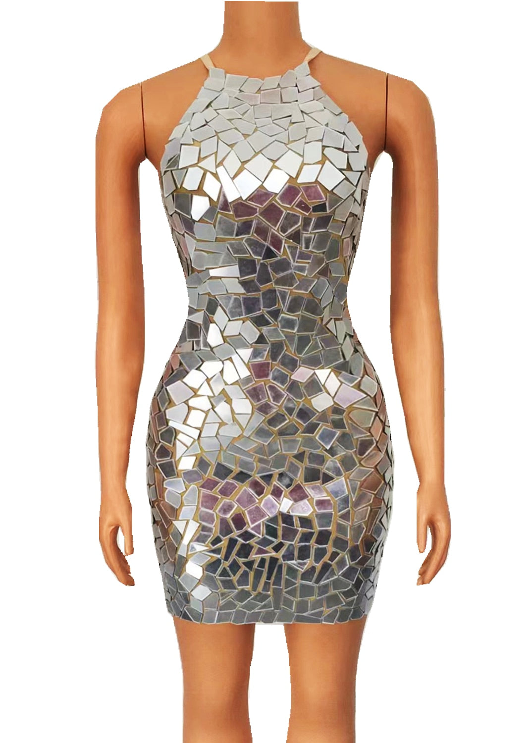 Sparkly Silver Mirrors Sleeveless Dress Evening Birthday Celebrate Outfit Party Sexy Costume Dancer Performance Show Clothes