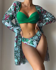Floral Print Bikini Set - Low Waist Twist Swimsuit Long Sleeve Cover Up Three Pieces Beach Bathing Suit