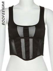 BOOFEENAA Sheer Mesh Insert Black Crop Tops Club Wear 2022 Summer Clothes for Women Sexy Fitted Low Cut Tank Top C87-AH10