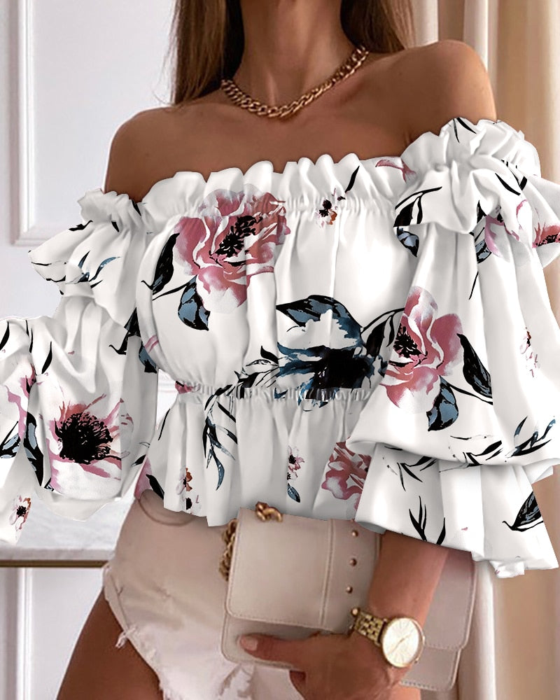 Summer Women Polka Dot Print Off Shoulder Shirred Top 2021 Elegant Femme Puff Sleeve Corset Blouse Lady Outfits y2k Tunics