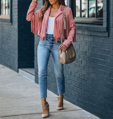Women Y2k Fringed Hem Tassel Cardigan Crop Tops E-girl Motor Biker Jacket Suede Leather Jacket 90s Vintage Streetwear Coat Cool