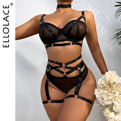 Ellolace Sensual Lingerie Transparent Bra Bandage Exotic Costumes Sexy Porn Outfits 4-Piece Garters Sissy See Through Underwear