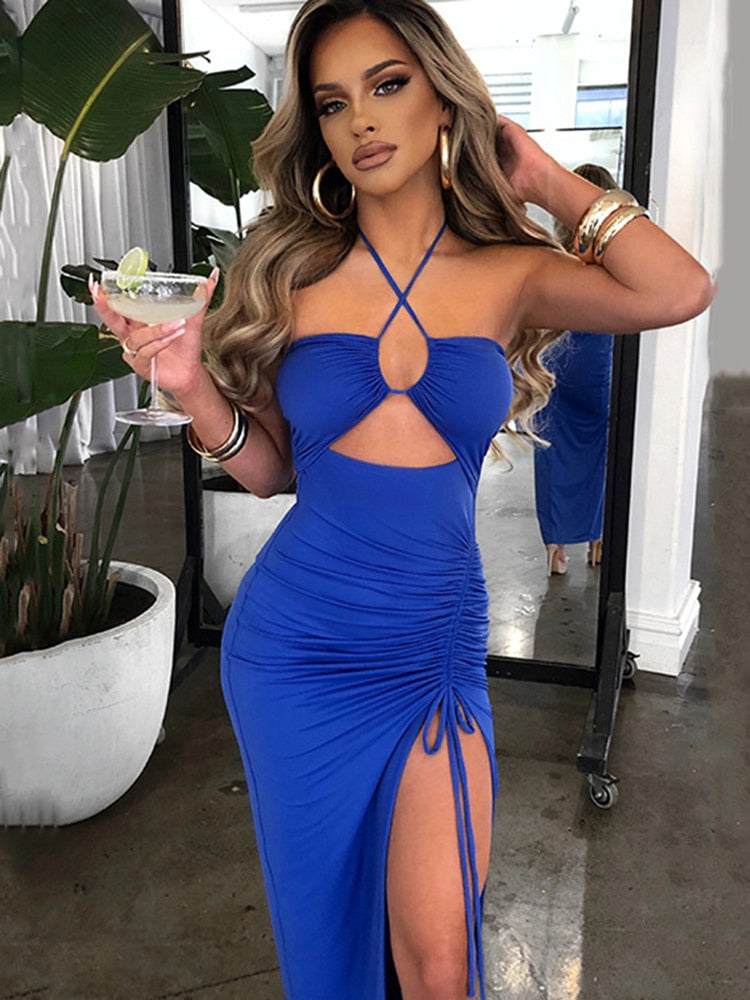 Sophia's Halter Backless Sleeveless Cut Out Maxi Dress Elegant Slit Dress