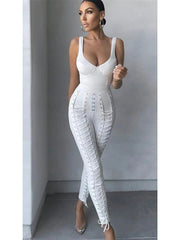 Black White sleeveless Weaving Rayon Bandage Jumpsuit