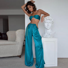 BOOFEENAA Sexy Satin Two Piece Set Metal Chain Baggy Wide Leg Pants and Crop Top 2022 Summer Beach Vacation Outfits C68-EE36