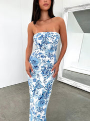 Cnyishe Flower Print Sexy Long Dresses Women Fashion Strapless Streetwear Slim Sheath Spit Skinny Bodycon Trumpet Vestidos Robes