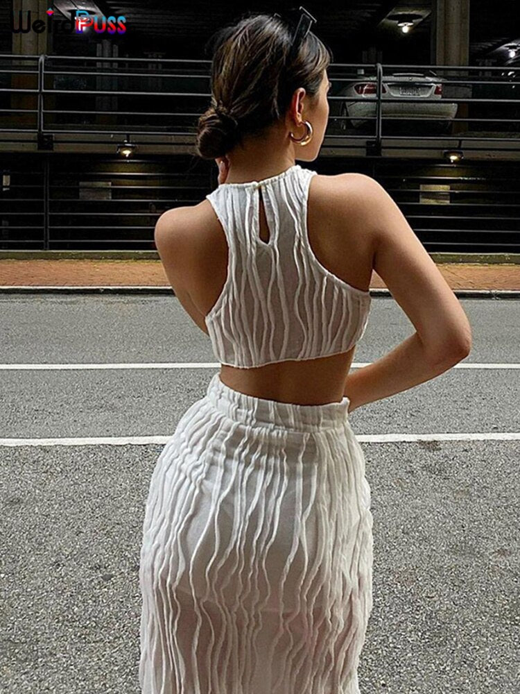 Weird Puss 2 Piece Set Patchwork Vacation Women Zipper Sleeveless Vest+Side Split Skirt Solid Stretch Skinny Sexy Matching Suit
