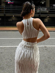 Weird Puss 2 Piece Set Patchwork Vacation Women Zipper Sleeveless Vest+Side Split Skirt Solid Stretch Skinny Sexy Matching Suit