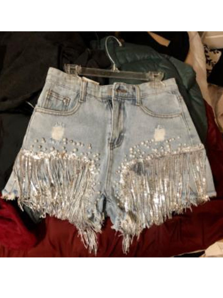 Elegant Shorts Lady Tassel Beading High Waist Wide Leg Denim one-piece