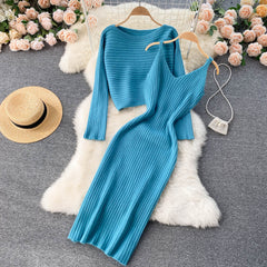 Elegant Slim Two Piece Sets Sweater Dress High Waist Knitted Ensemble Long Dress