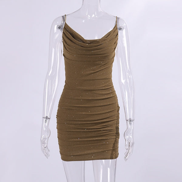 Summer Lady Elegant Backless Mini Short Skirt Champag Strap Sexy Cocktail Party Slim Irregular Sleeveless Sequin Sheath Dresses
