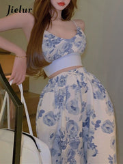 Jielur Sexy Y2K Floral Two Piece Top Pant Set Women Korean Casual High Street Summer Suit Elegant Mini Top Long Wide Leg Pants