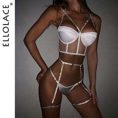 Ellolace Lingerie Sequin Lingerie Set Sexy Push up Bra 3 Piece Set Padded Women&#39;s Underwear Set Bra and Thong Sexy Lingerie
