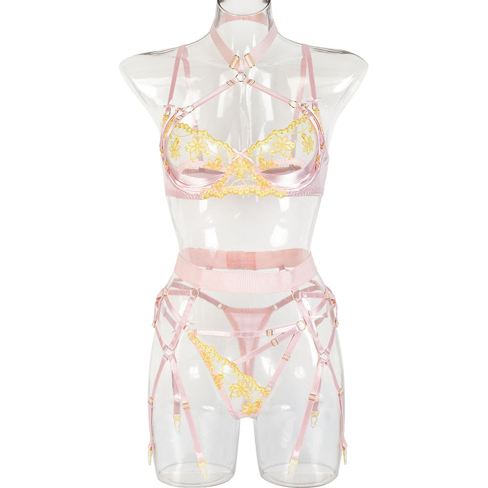 Yimunancy 3-Piece Lace Lingerie Set Women Embroidery Floral Halter Bra Underwire + Thong Underwear Set Pink Bandage Sexy Bra Set